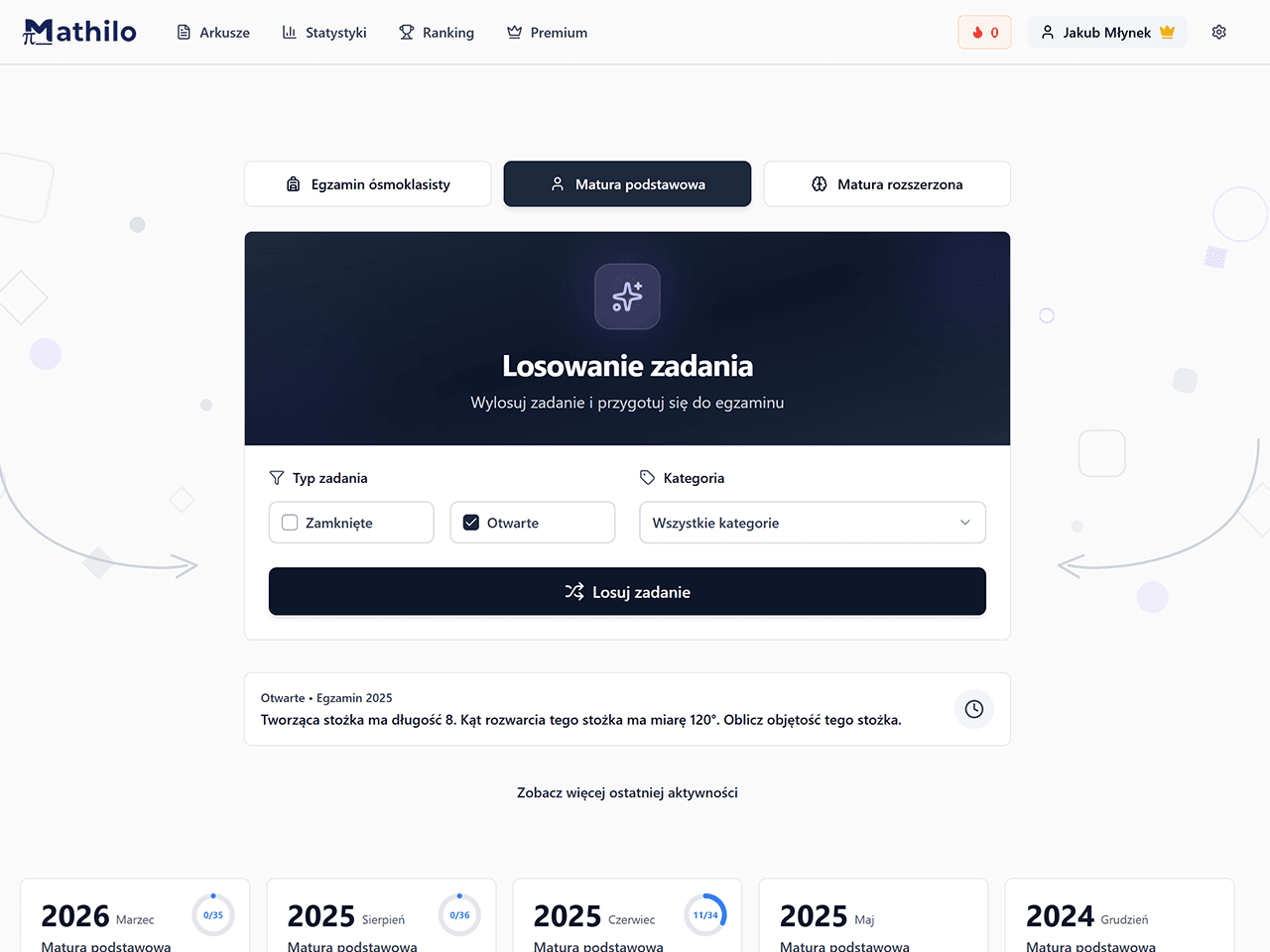 Losowanie zadania na platformie Mathilo